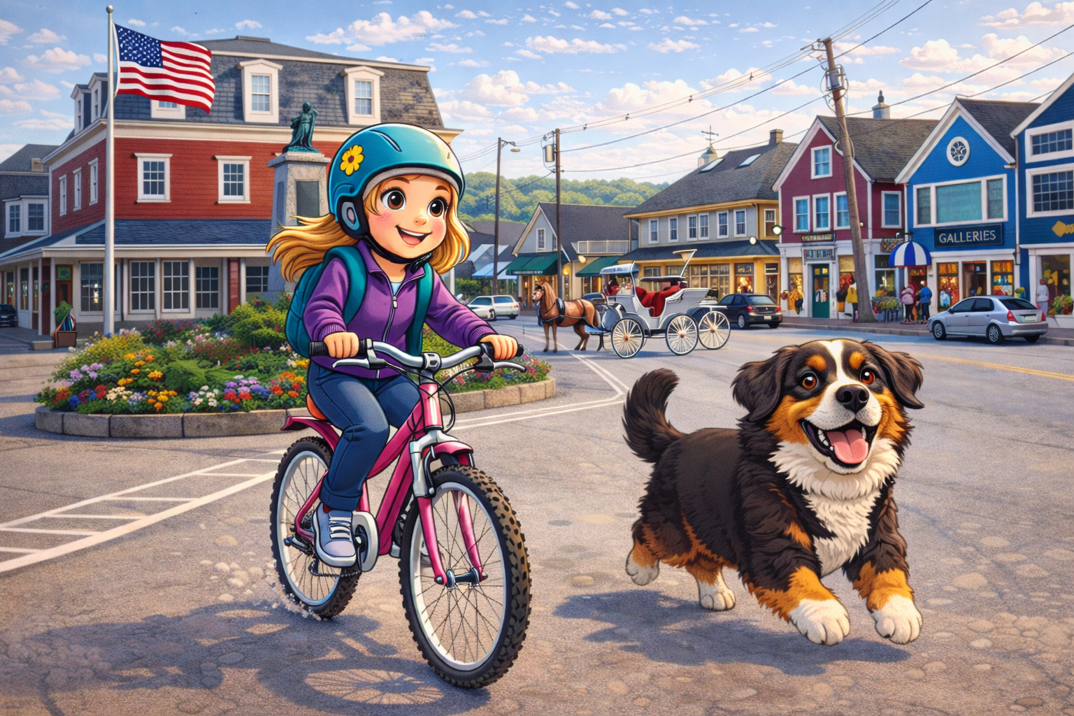 Ada riding her bike with Max through their seaside Maine town
