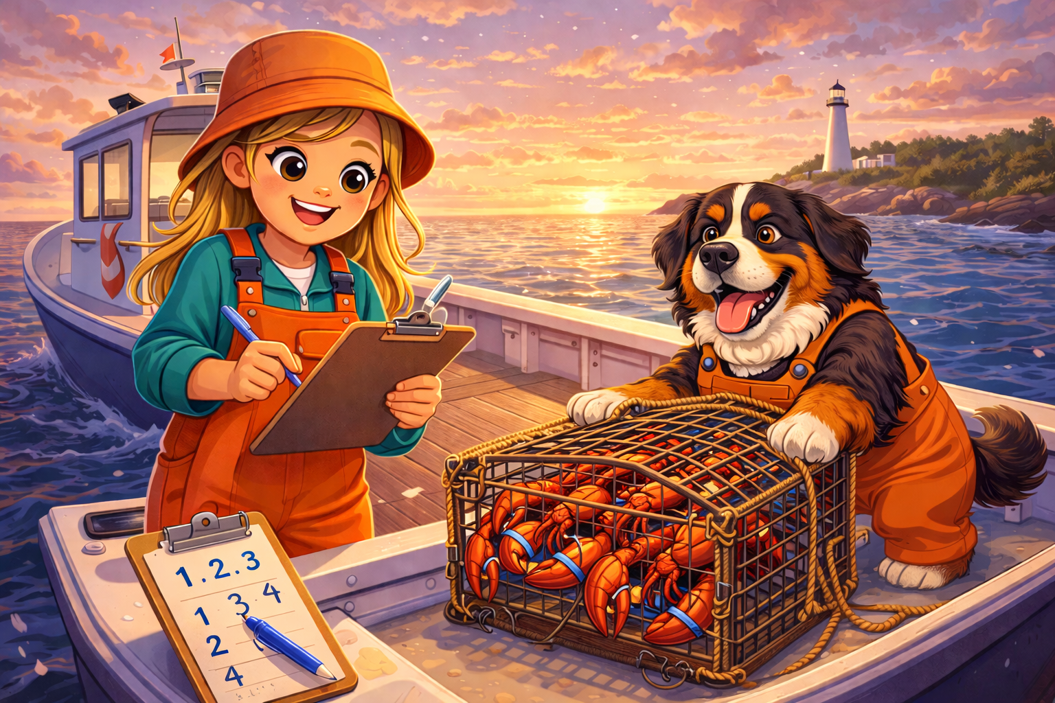 Ada and Max on a lobster boat in Maine