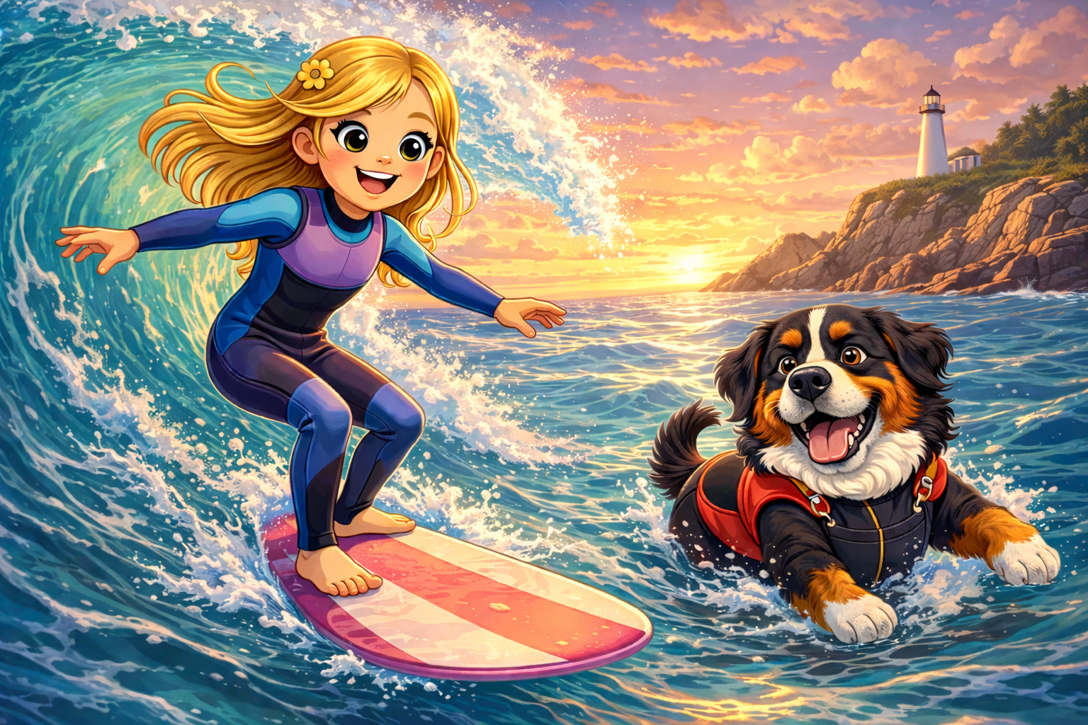 Ada and Max surfing at sunset